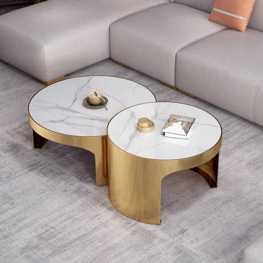 Edles Beistelltisch 2er Set mit weißem Marmor goldener Rahmen 80cm Kaffeetisch Couchtisch Wohnzimmertisch