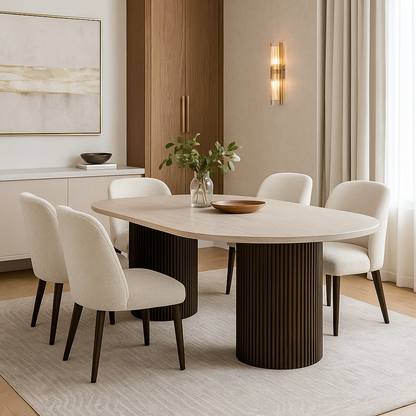 Moderne Esstisch mit ovaler Travertin-Tischplatte edle Tischbeine im Säulenstil 200 X 100 X 75 cm braun