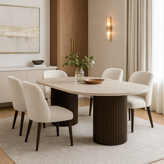 Moderne Esstisch mit ovaler Travertin-Tischplatte edle Tischbeine im Säulenstil 200 X 100 X 75 cm braun