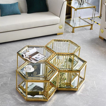 Couchtisch 4er Set hexagon Form mit Spiegelboden vergoldetem Rahmen