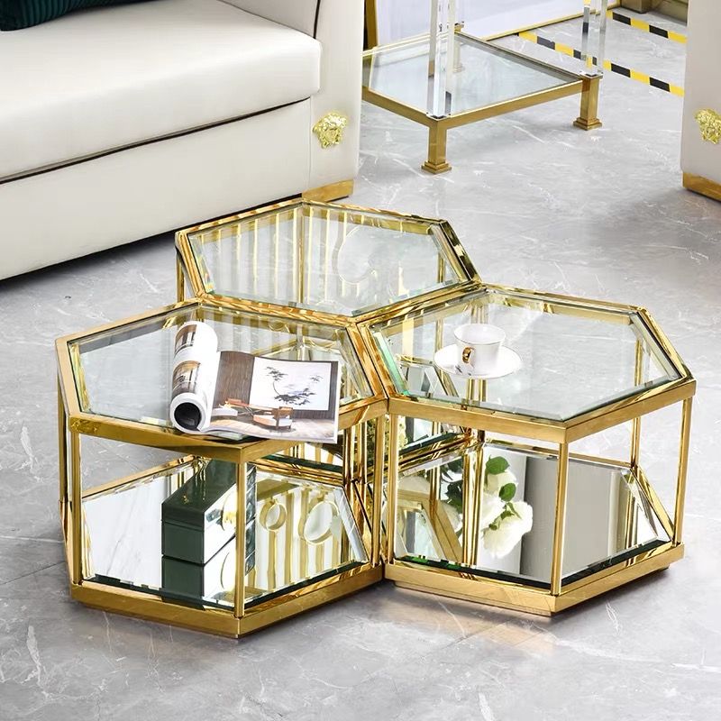 Couchtisch 4er Set hexagon Form mit Spiegelboden vergoldetem Rahmen