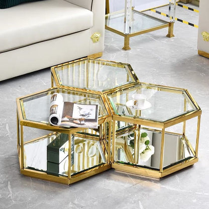Couchtisch 4er Set hexagon Form mit Spiegelboden vergoldetem Rahmen