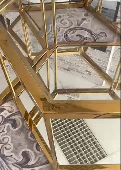 Couchtisch 4er Set hexagon Form mit Spiegelboden vergoldetem Rahmen