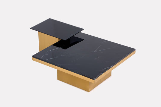 Edles Beistelltisch 2er Set mit schwarzer Marmorplatte goldener Rahmen 90cm Kaffeetisch Couchtisch Wohnzimmertisch
