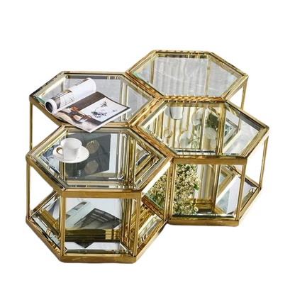 Couchtisch 4er Set hexagon Form mit Spiegelboden vergoldetem Rahmen