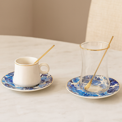 Bricard Tee-Espresso Set 24 teilig Blau Gold inkl. Löffel und Untertasse