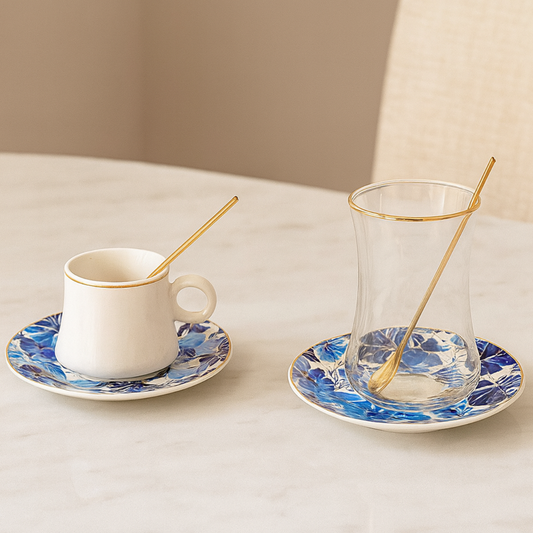 Bricard Tee-Espresso Set 24 teilig Blau Gold inkl. Löffel und Untertasse