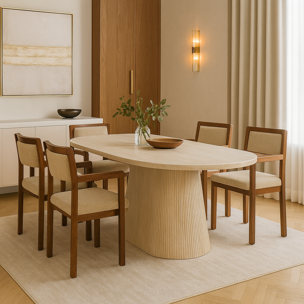 Esstisch Desio massive Travertin Tischplatte edle Tischbeine im Säulenstil 200cm beige