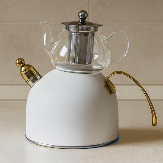 Teekanne  Djena Retro 2er Set Glaskanne 2,5 L Hitzebeständig Weiß