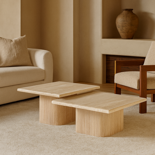 Couchtisch Dossena Travertin Tischplatte mit edlen Tischbeinen im Säulenstil 90cm beige