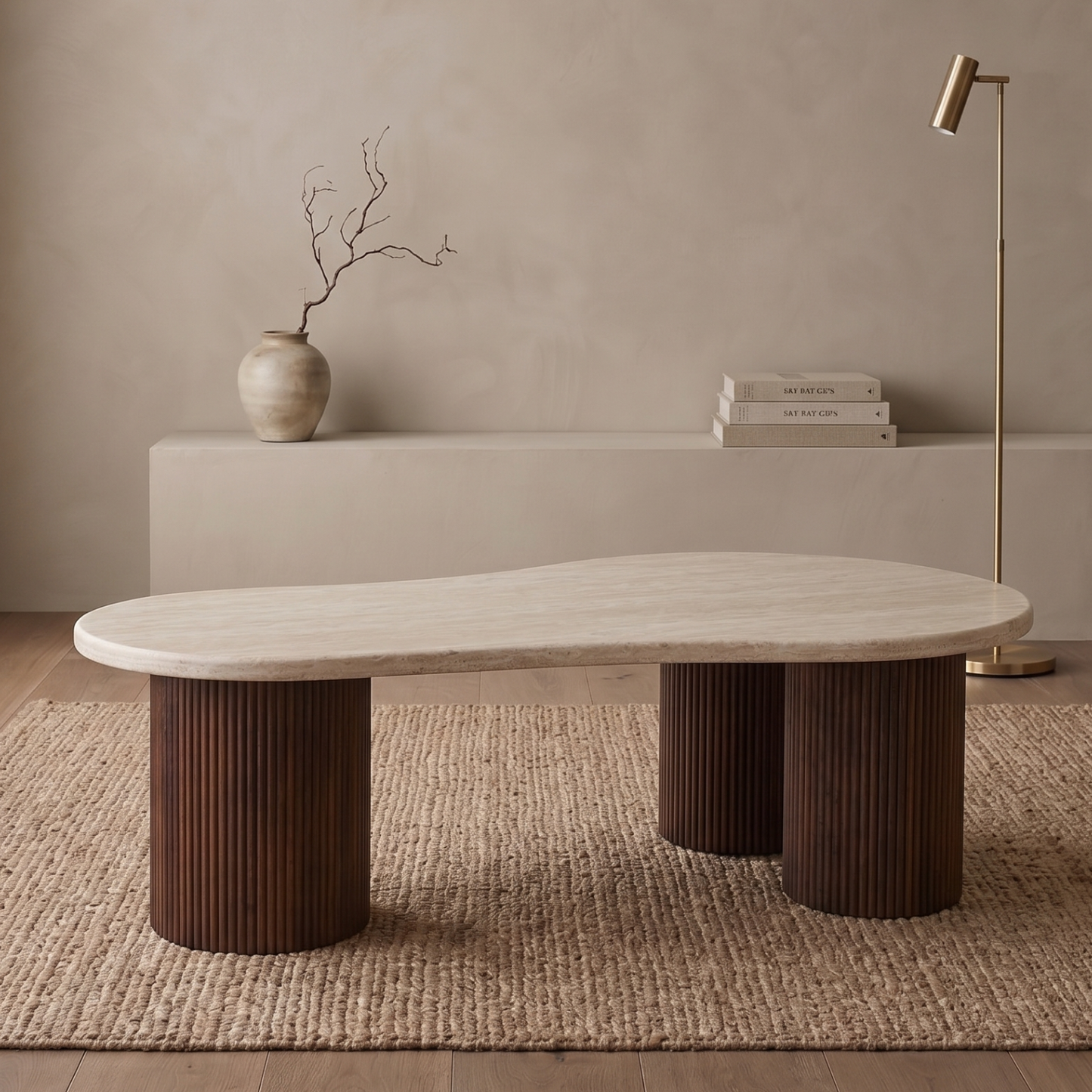 Couchtisch Lucano mit massiver Travertin Tischplatte und Tischbeinen in Säulenstil 140cm braun