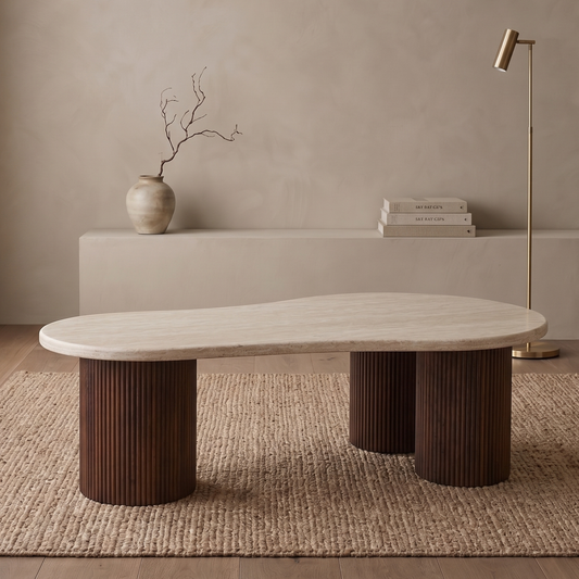 Couchtisch Lucano mit massiver Travertin Tischplatte und Tischbeinen in Säulenstil 140cm braun