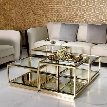Couchtische 4er Set mit einzigartigen Spiegelboden vergoldete Edelstahlbeine