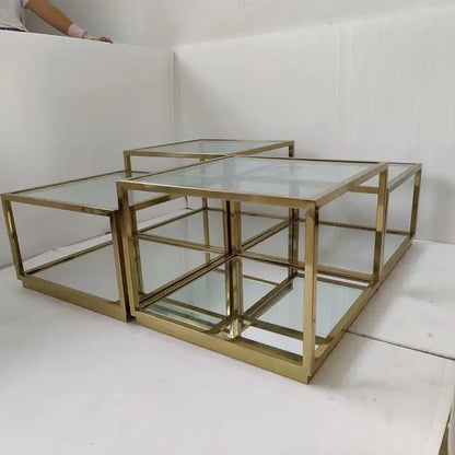 Couchtische 4er Set mit einzigartigen Spiegelboden vergoldete Edelstahlbeine