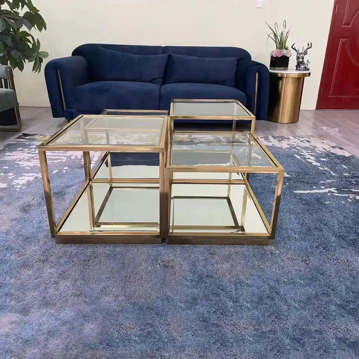 Couchtische 4er Set mit einzigartigen Spiegelboden vergoldete Edelstahlbeine