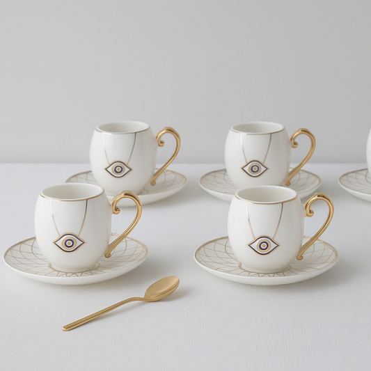 Kaffee Set mit Unterteller Nazar Boncuk 12 teilig Weiß Keramik