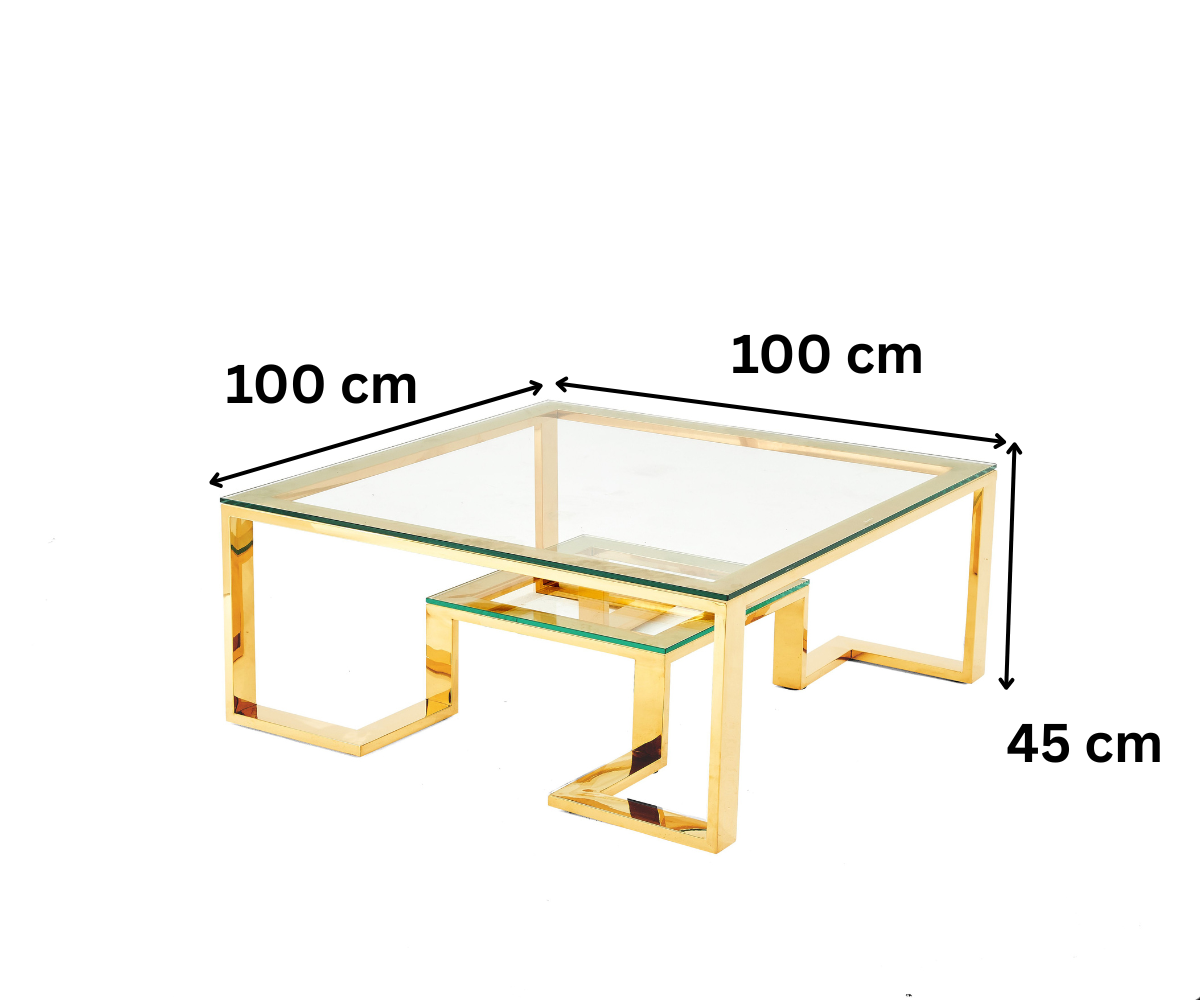 Couchtisch Beistelltisch aus gehärtetem Glas goldenen Beinen 100x100x40cm
