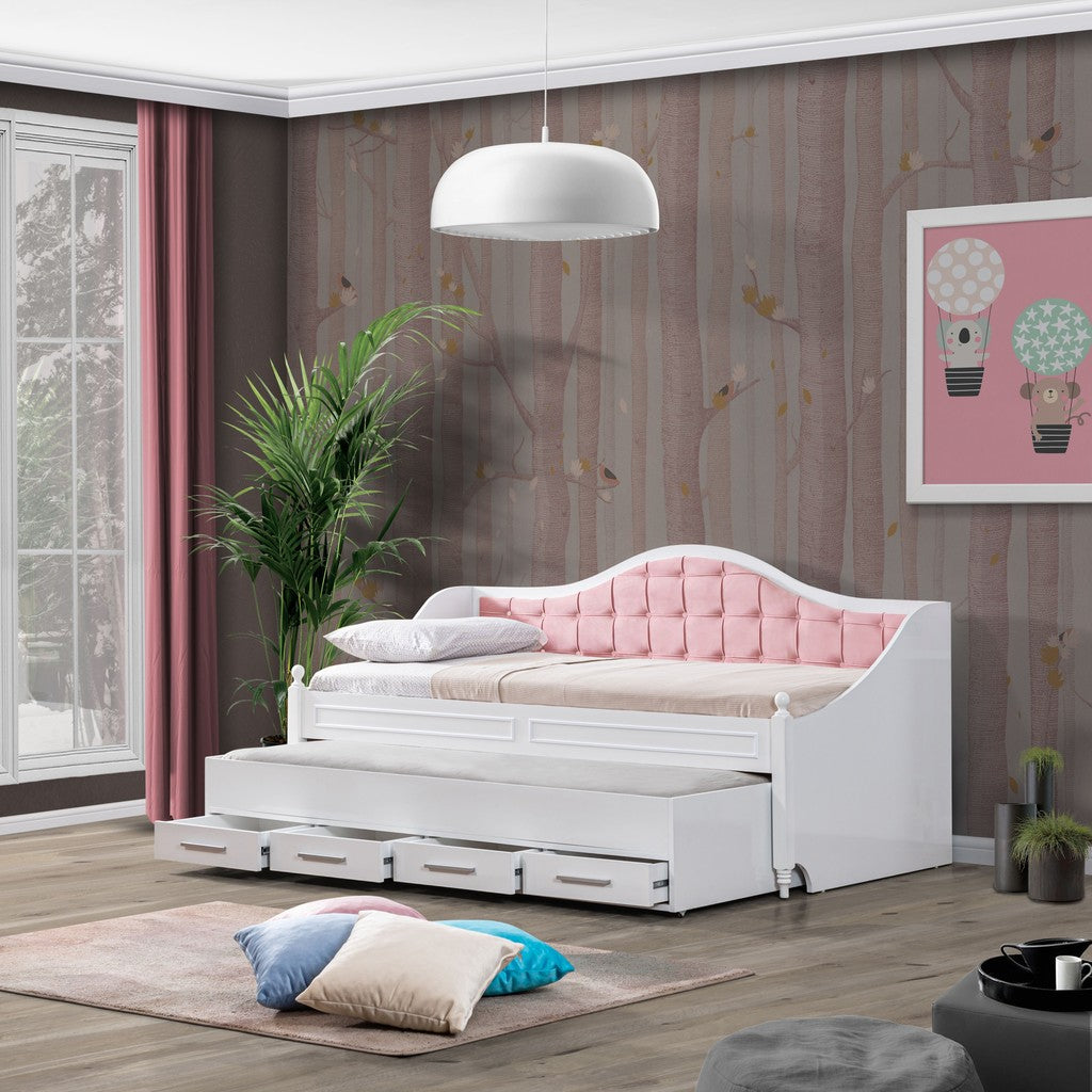 Kinderbett Doppelbett LOFT mit 2 Schlafplätzen hochglanz samtbezug in pink