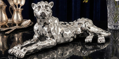 Moderne Dekofigur Leopard Silber 57cm