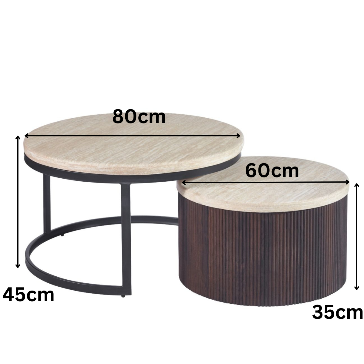 Couchtisch 2er Set Manzano Travertin Platte MDF Säulenstil Ø80X45 + Ø60X35 CM braun