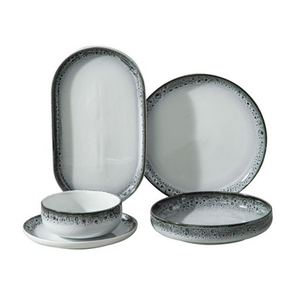 Bricard Geschirr-Set PAU Geschirr-Set Tafelgeschirr, Porzellan, spülmaschinenfest 25-tlg.  6 Personen mikrowellengeeignet weiß-schwarz