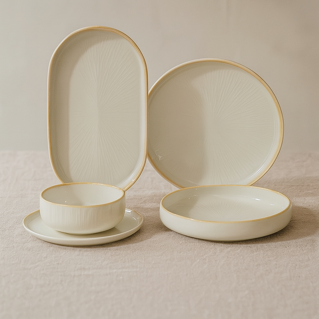 Bricard Geschirr-Set PAU Tafelgeschirr, Porzellan, spülmaschinenfest 25-tlg.  6 Personen mikrowellengeeignet weiß-beige