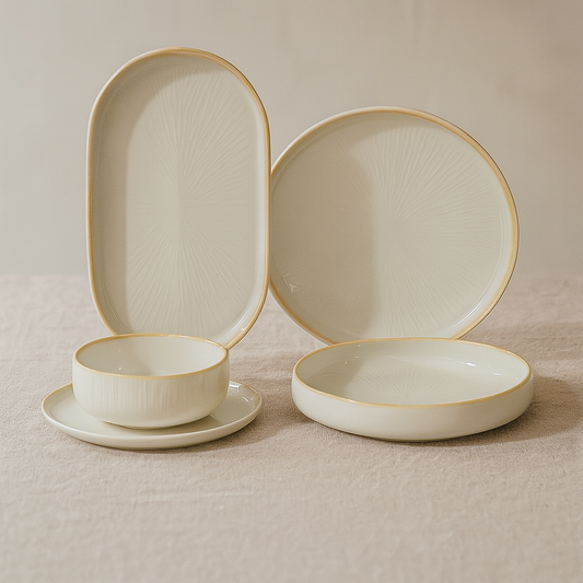 Bricard Geschirr-Set PAU Tafelgeschirr, Porzellan, spülmaschinenfest 25-tlg.  6 Personen mikrowellengeeignet weiß-beige