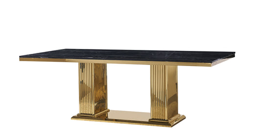 Esstisch mit vergoldeten Edelstahlbein und schwarzer Marmorplatte 220x105 cm