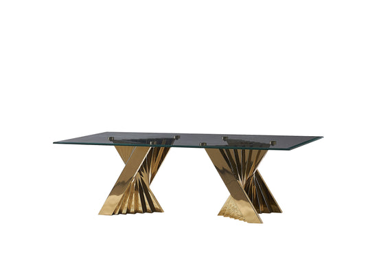 Esstisch im edlen Design große Glasplatte vergoldetes Edelsteinbein 200x100cm