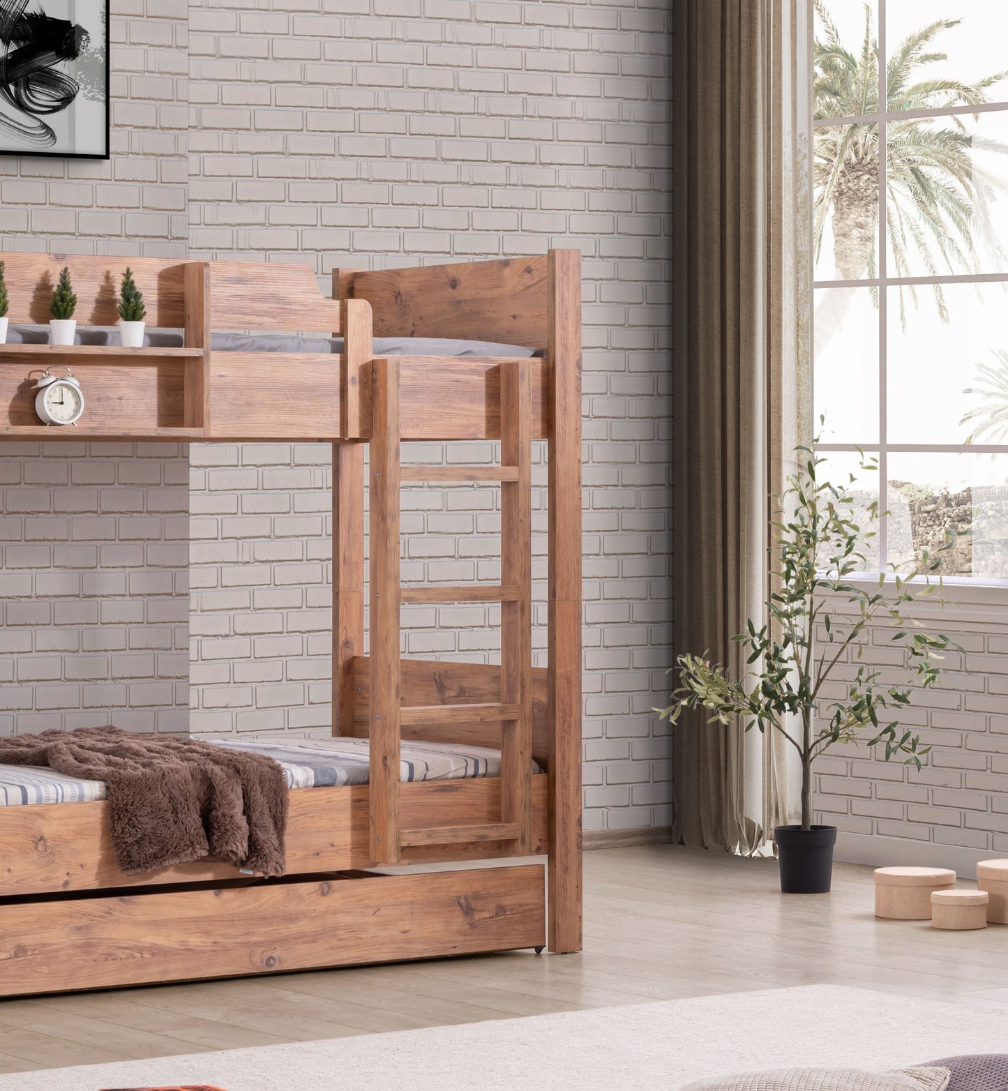 Kinderbett Etagenbett TRIPO Set mit 3 Schlafplätzen in Walnuss