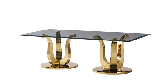 Design-Couchtisch mit Glasplatte – 152 x 80 cm | Dreizack-Untergestell aus Goldenem Edelstahl
