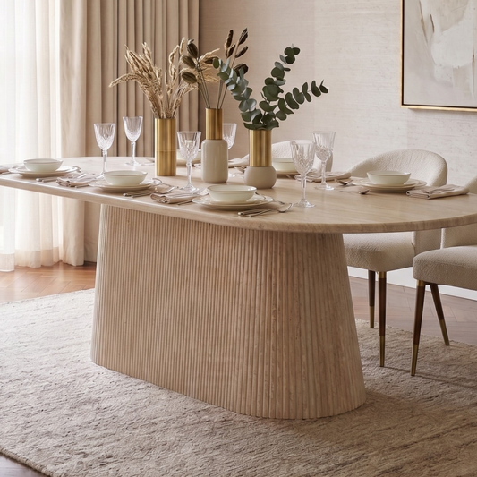 Esstisch Dervio massive Travertin Tischplatte edle Tischbeine im Säulenstil 200cm beige