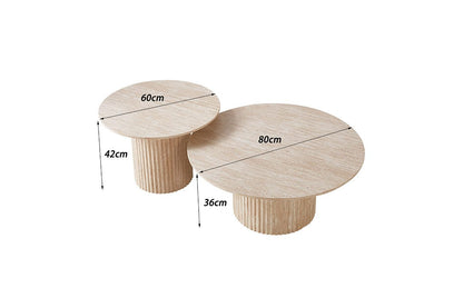 Couchtisch Set Premium TIVOLI in edler Travertin-Optik geriffelte Säulenbeinen  Ø 80x36cm, Ø 60x42cm