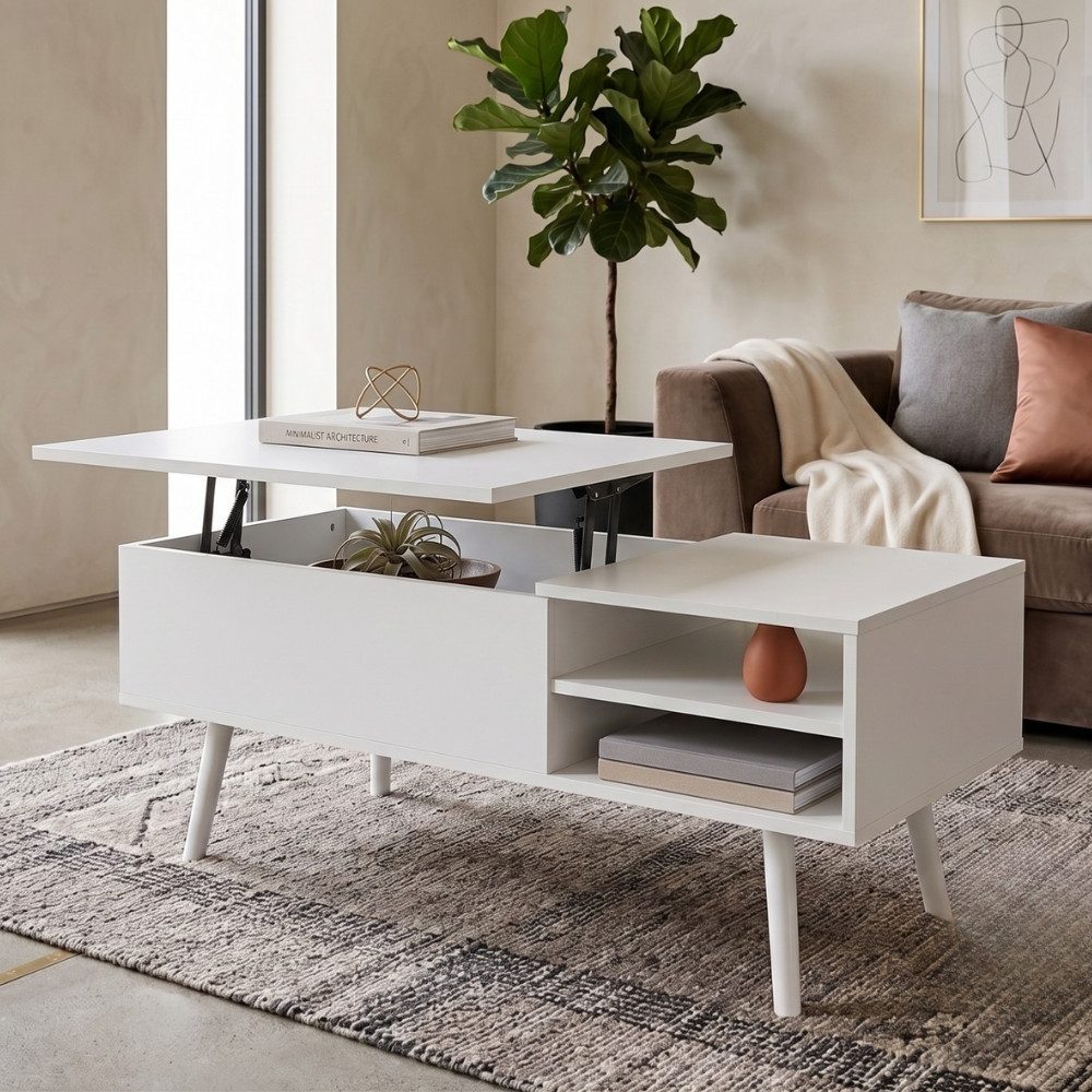 Couchtisch MALMÖ mit Lift-Top Funktion & verstecktem Stauraum, 100x50 cm weiß