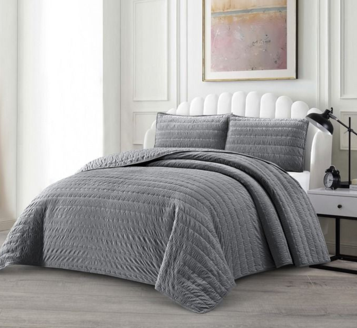 Tagesdecke Set Bade Überwurf Decke 3-Teilig 240 x 250 cm , atmungsaktiv 2-Personen Grau