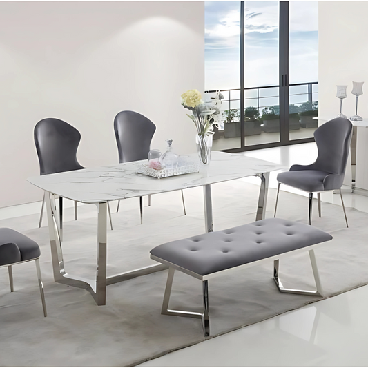 Moderner Esstisch in weißer Marmor-Optik mit Edelstahlbeinen – 180 x 90 x 76 cm