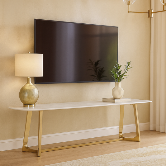 Moderner Rechteckige TV Bank Bari Tischplatte aus Marmoroptik  180 cm Gold