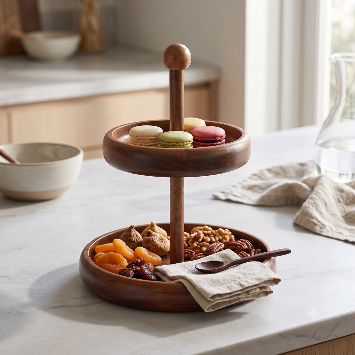 Etagere 2-stufiger Massivholz-Ständer im Soft-Edge-Design Akazie Holz Ø 30 cm