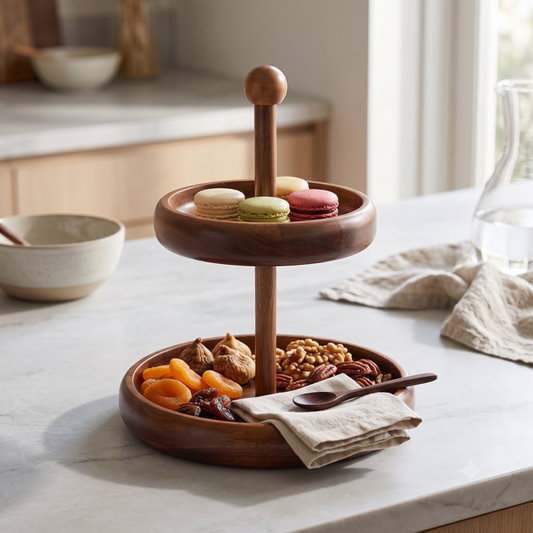 Etagere 2-stufiger Massivholz-Ständer im Soft-Edge-Design Akazie Holz Ø 30 cm