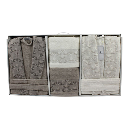 Bademantel - Wellness Set Sibel 6-teiliges Luxus Set aus Baumwolle Beige-Creme
