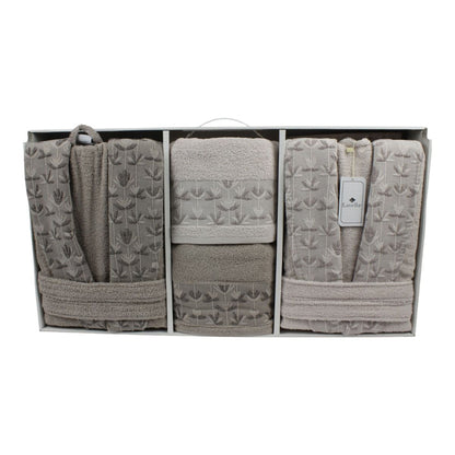 Bademantel - Wellness Set Sibel 6-teiliges Luxus Set aus Baumwolle Beige-Hellbeige