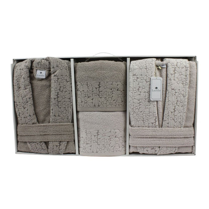 Bademantel - Wellness Set Vera 6-teiliges Luxus Set aus Baumwolle Beige-Hellbeige