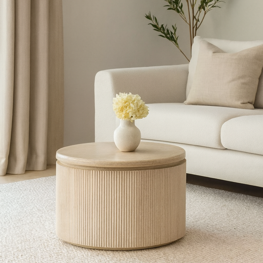 Beistelltisch Bondo mit Travertin Tischplatte in edlem Säulenstil Ø55x55 CM beige