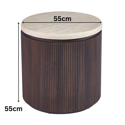 Beistelltisch Bondo mit Travertin Tischplatte in edlem Säulenstil Ø55x55 CM braun
