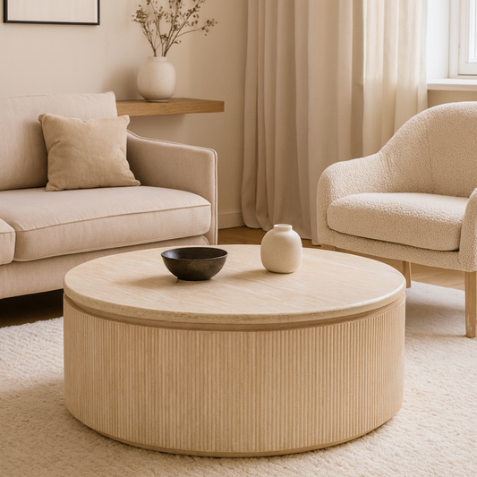 Couchtisch Bondo mit Travertin Tischplatte in edlem Säulenstil Ø100X45 CM beige
