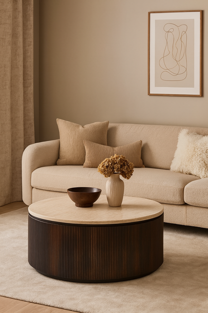 Couchtisch Bondo mit Travertin Tischplatte in edlem Säulenstil Ø100X45 CM braun