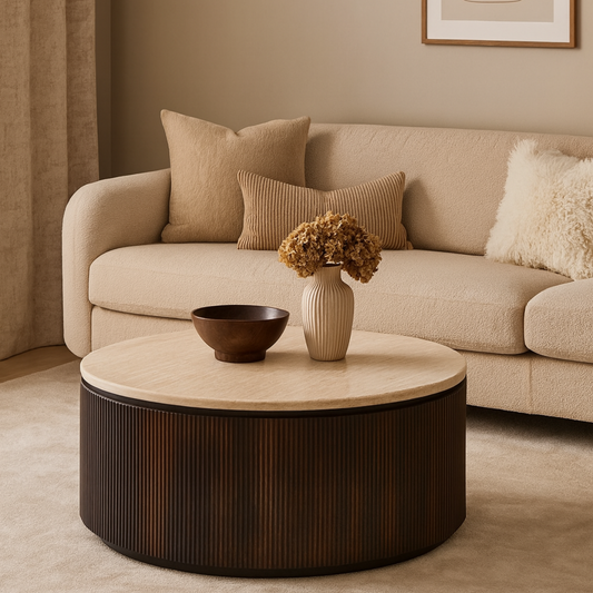 Couchtisch Bondo mit Travertin Tischplatte in edlem Säulenstil Ø100X45 CM braun