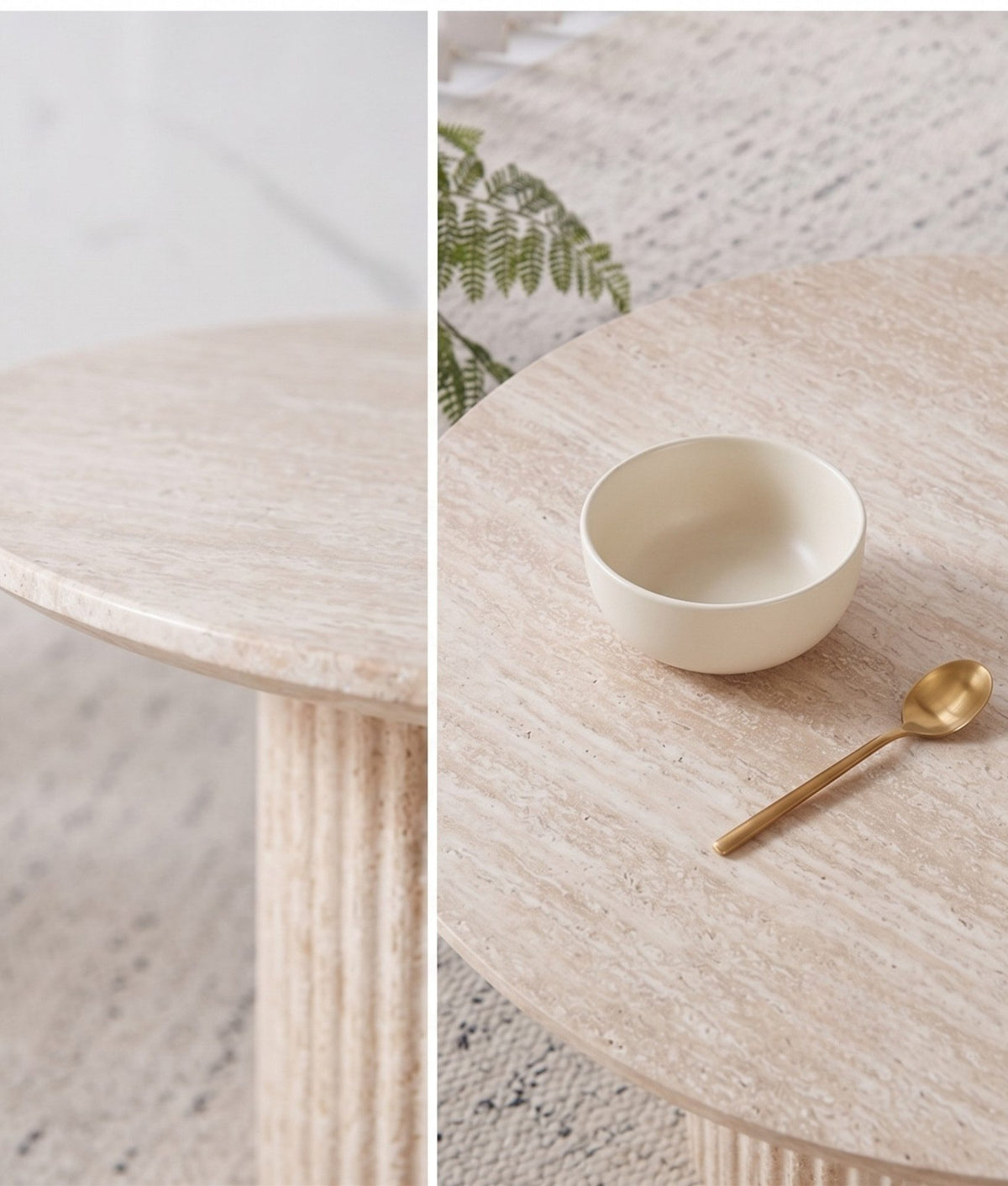 Couchtisch Set Premium TIVOLI in edler Travertin-Optik geriffelte Säulenbeinen  Ø 80x36cm, Ø 60x42cm