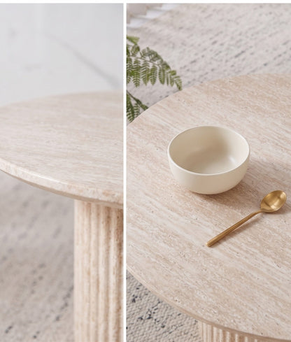 Couchtisch Set Premium TIVOLI in edler Travertin-Optik geriffelte Säulenbeinen  Ø 80x36cm, Ø 60x42cm