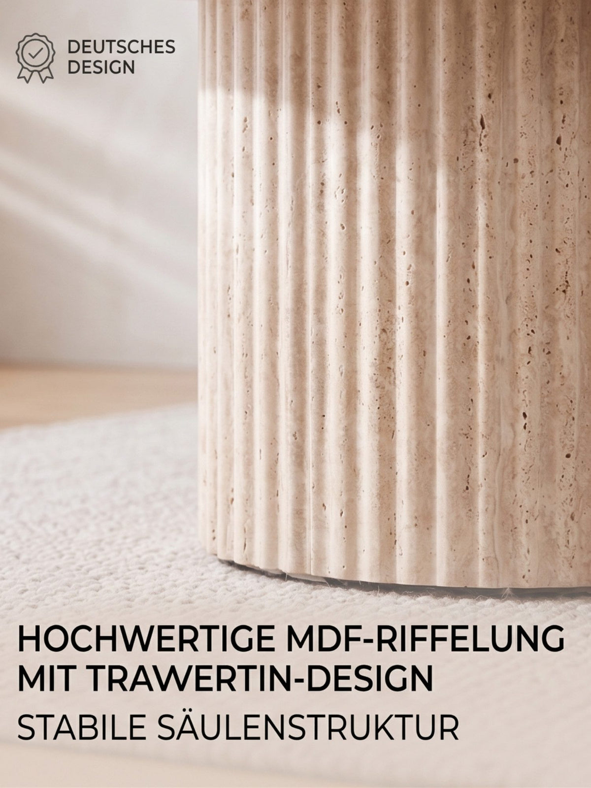Couchtisch Set Premium TIVOLI in edler Travertin-Optik geriffelte Säulenbeinen  Ø 80x36cm, Ø 60x42cm